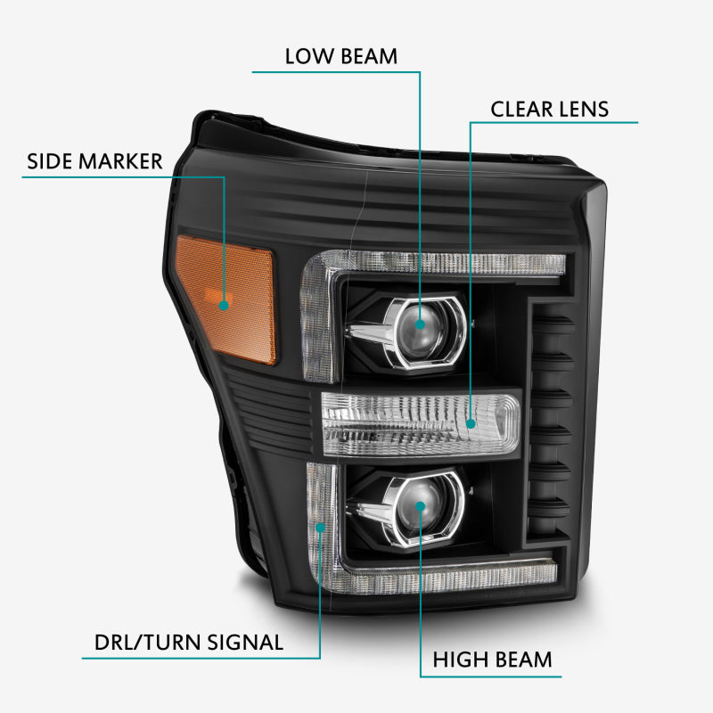 AlphaRex 11-16 Ford F-350 SD LUXX LED Proj Headlights Plank Style Black w/Activ Light/Seq Signal