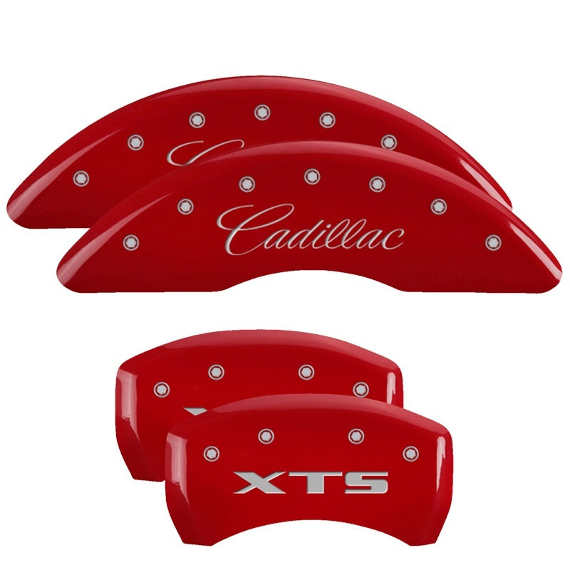 MGP 4 Caliper Covers Engraved Front Cadillac Engraved Rear XTS Red finish silver ch